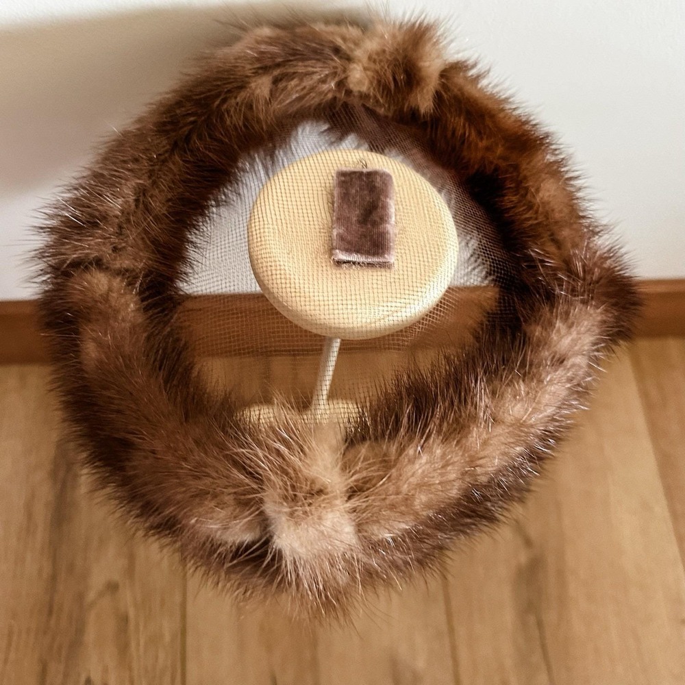 VTG 50's Women's‎ Mink Fur Net Hat Fascinator Hair Piece Brown Winter - Picture 3 of 7